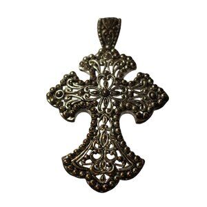 Antique Silver-Tone Ornate Filigree Cross Pendant With Intricate Detailing